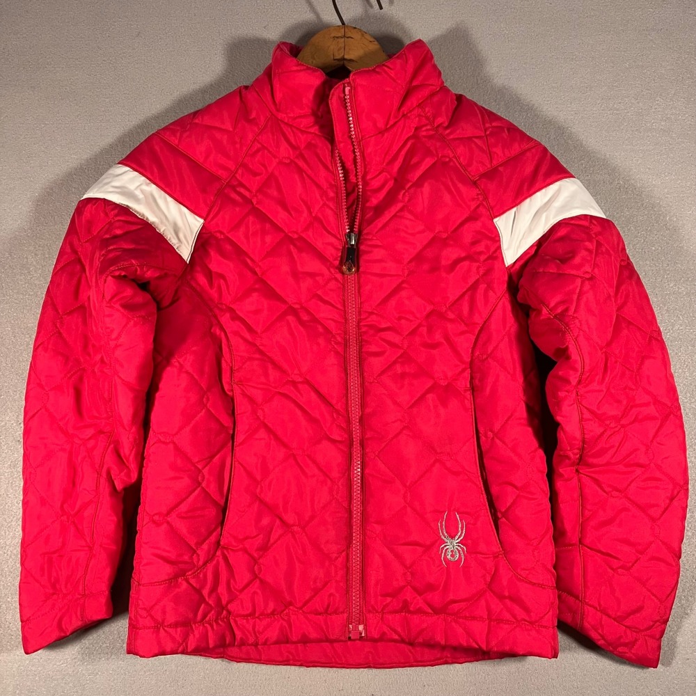 Spyder Kids Medium Pink Quilted Full Zip Puffer Jacket White Accents Ski Snow